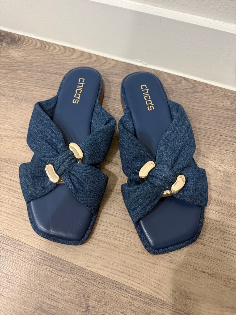 Chico's Amore Denim Cross Ring Slide Sandals with Gold Accent